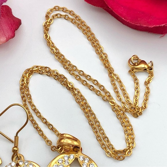 Gold Tone Leaf Pave Dangle Earrings And Pendant Necklace Jewelry Set Demi Parure - Picture 7 of 9